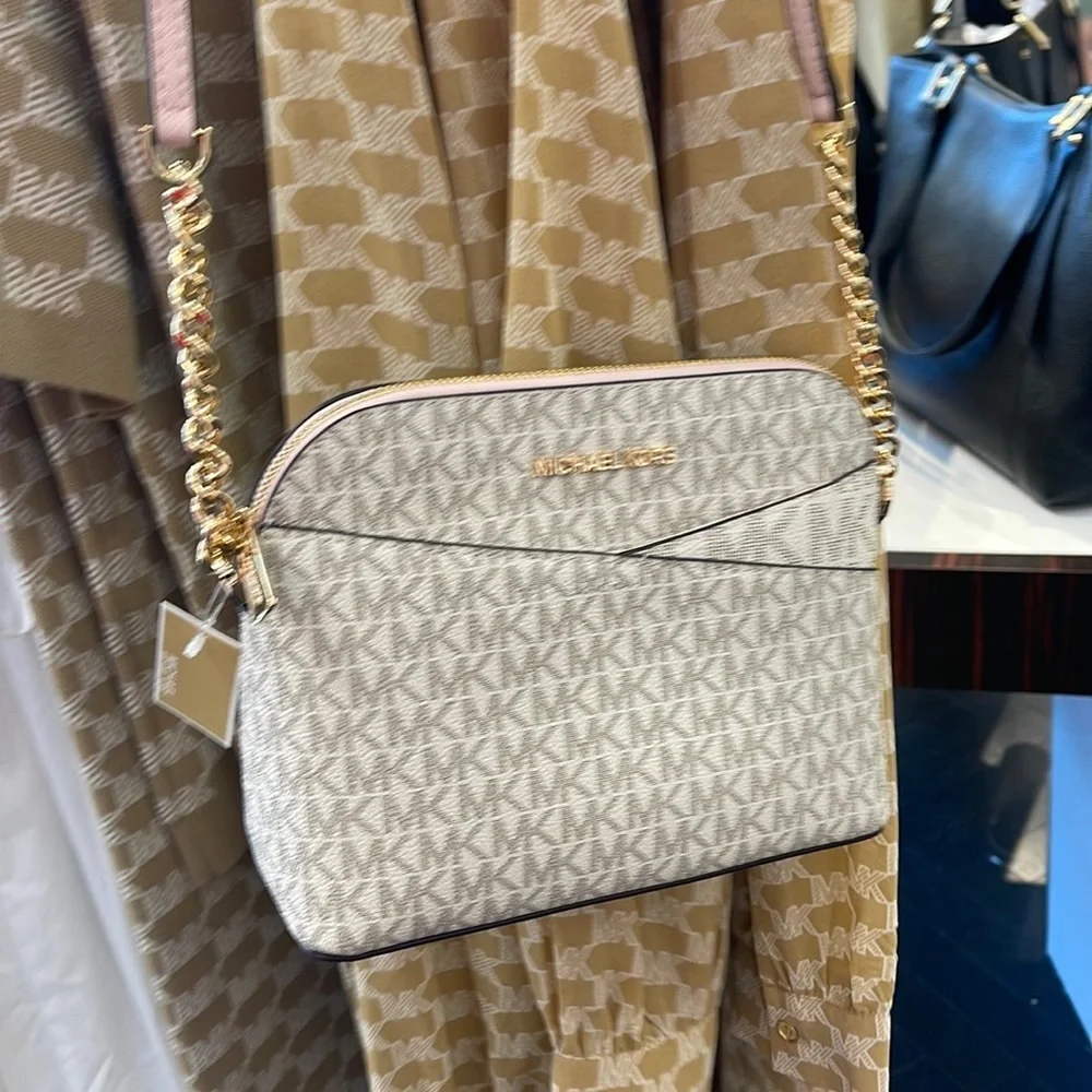 MICHAEL KORS Jet Set Medium Logo Dome Satchel Crossbody  Powder Blush  NWT